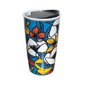 Starbucks Blue Floral Poppy Ceramic 12oz Tumbler Travel Mug with Lid